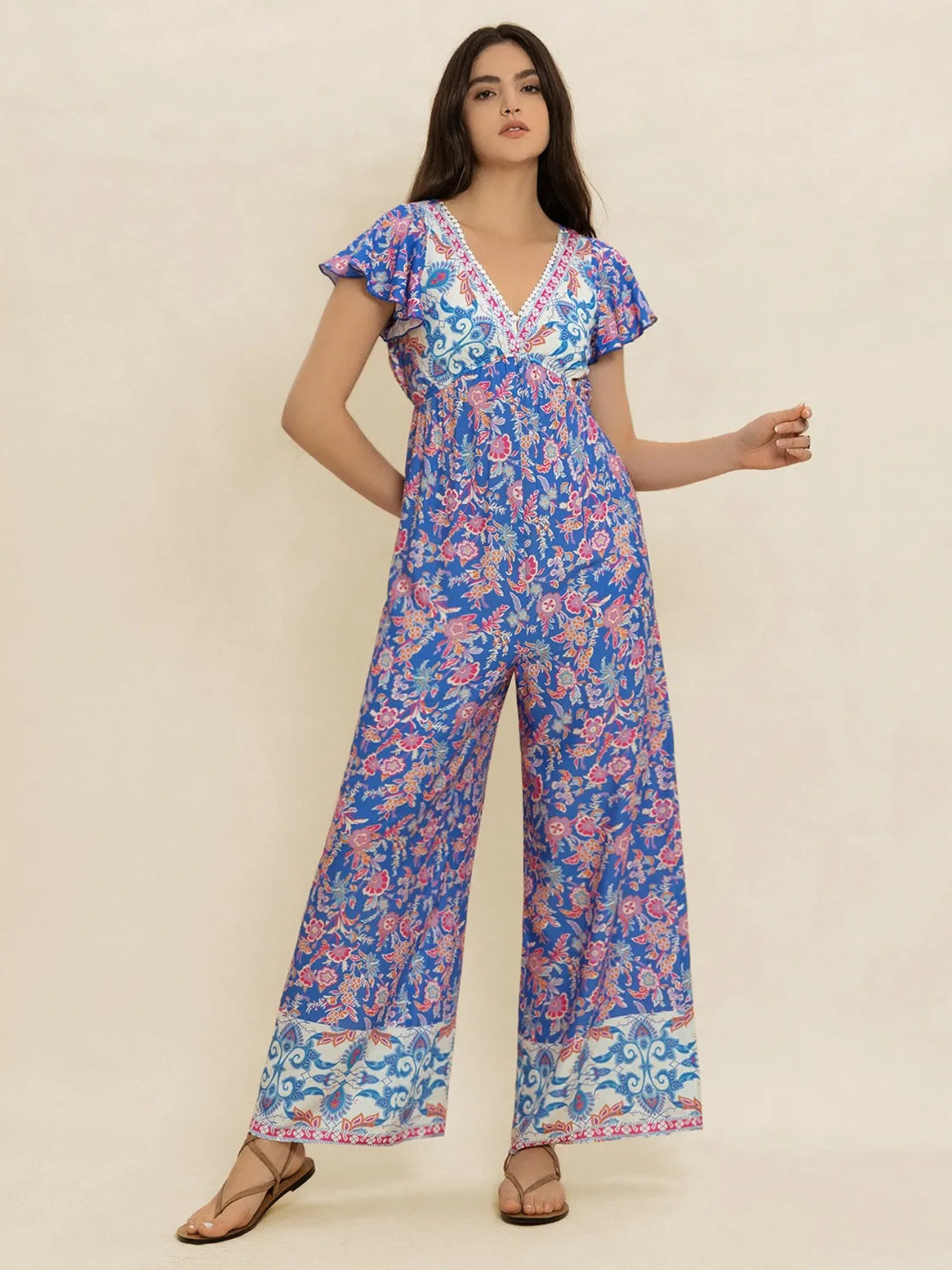 Printed V-Neck Wide Leg Jumpsuit - LODIMAE FASHION