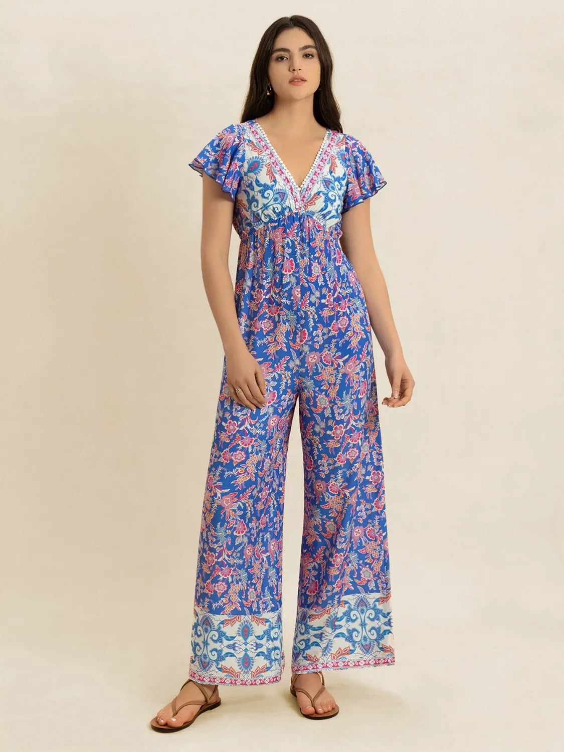 Printed V-Neck Wide Leg Jumpsuit - LODIMAE FASHION
