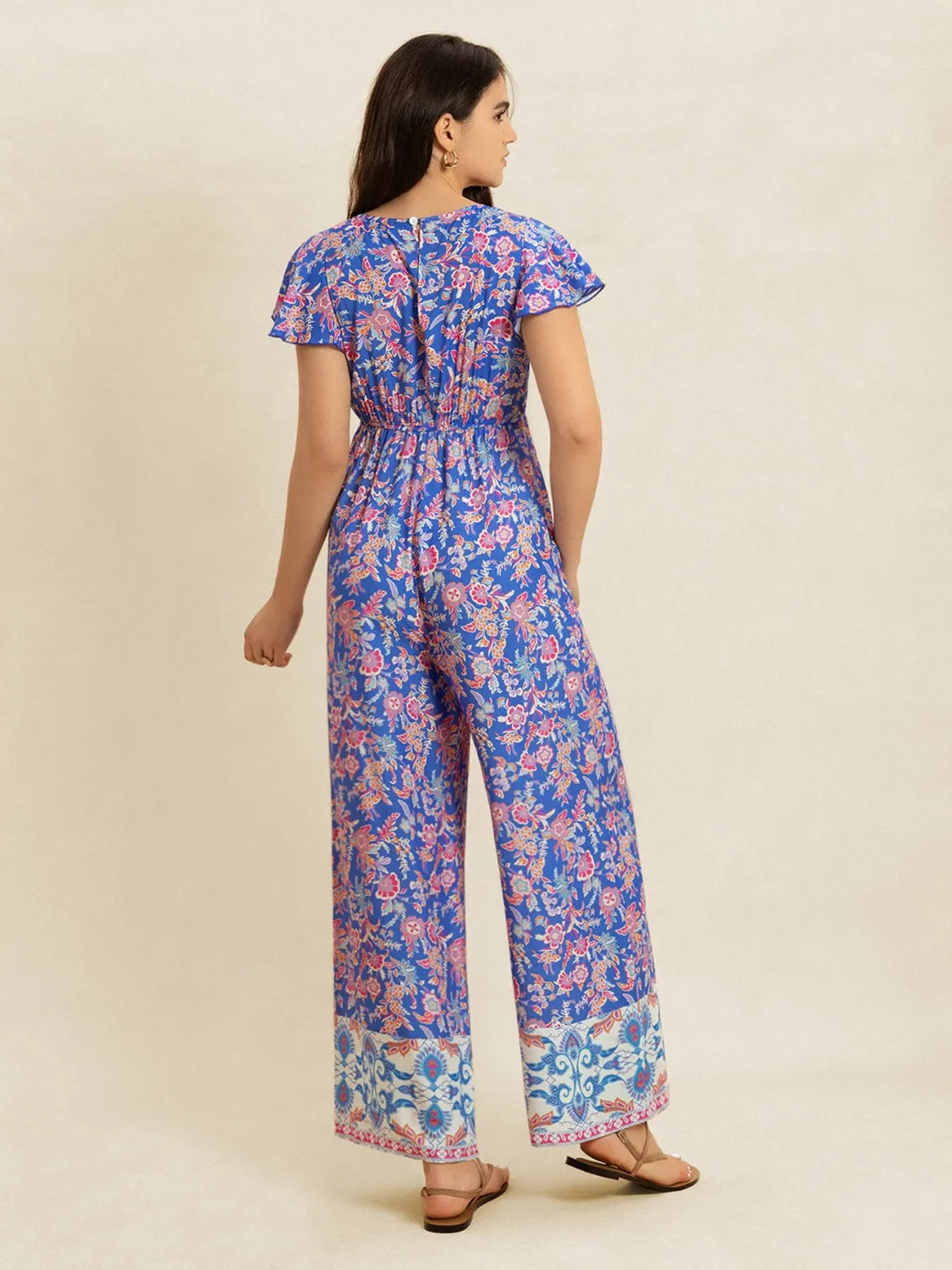 Printed V-Neck Wide Leg Jumpsuit - LODIMAE FASHION