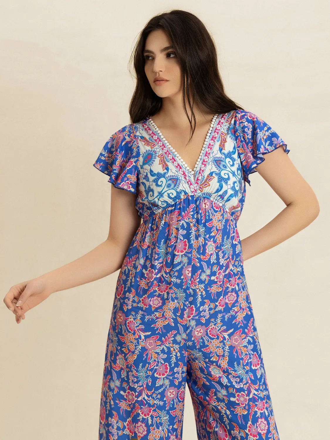 Printed V-Neck Wide Leg Jumpsuit - LODIMAE FASHION
