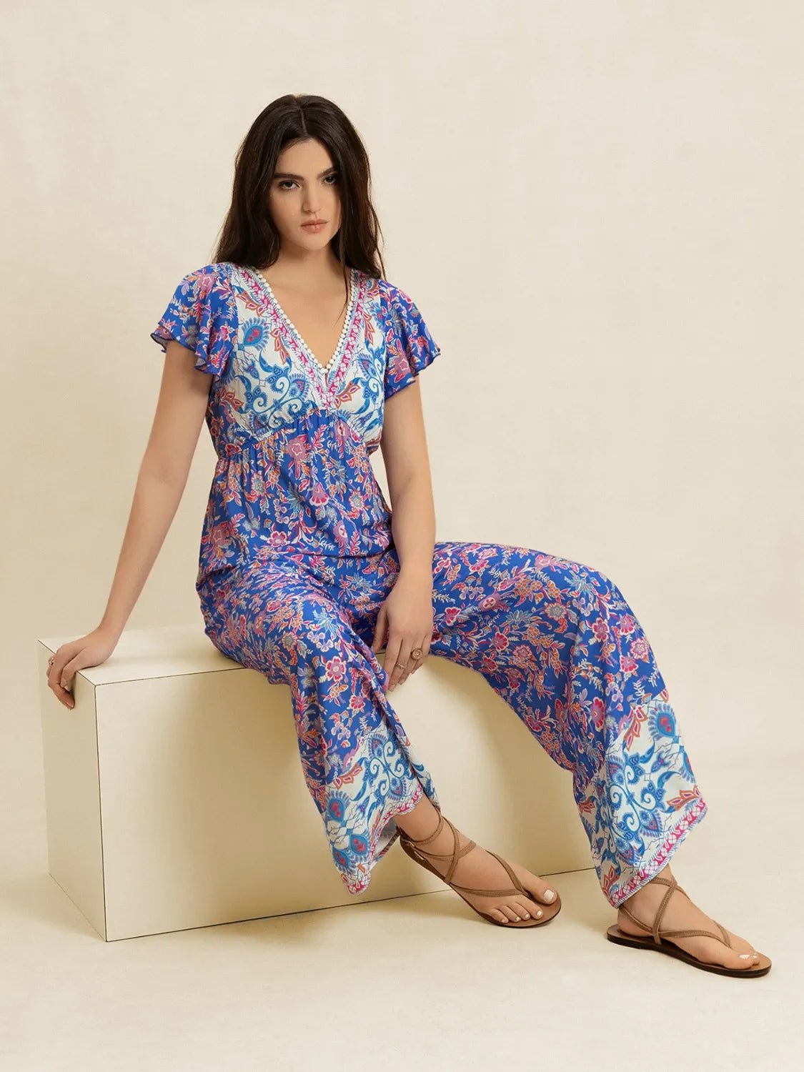 Printed V-Neck Wide Leg Jumpsuit - LODIMAE FASHION