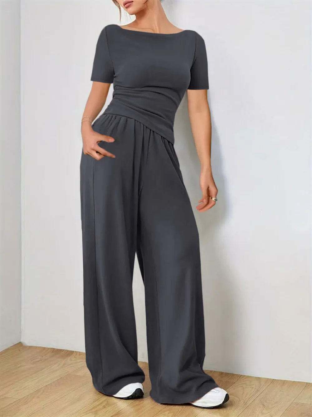 Round Neck Short Sleeve T-Shirt and Pants Set - LODIMAE FASHION