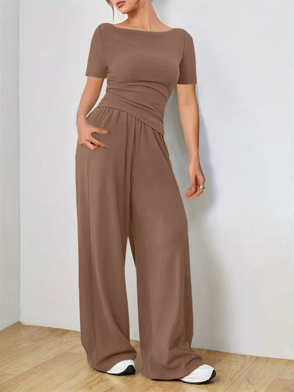 Round Neck Short Sleeve T-Shirt and Pants Set - LODIMAE FASHION