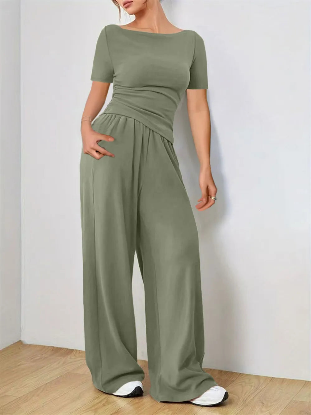 Round Neck Short Sleeve T-Shirt and Pants Set - LODIMAE FASHION