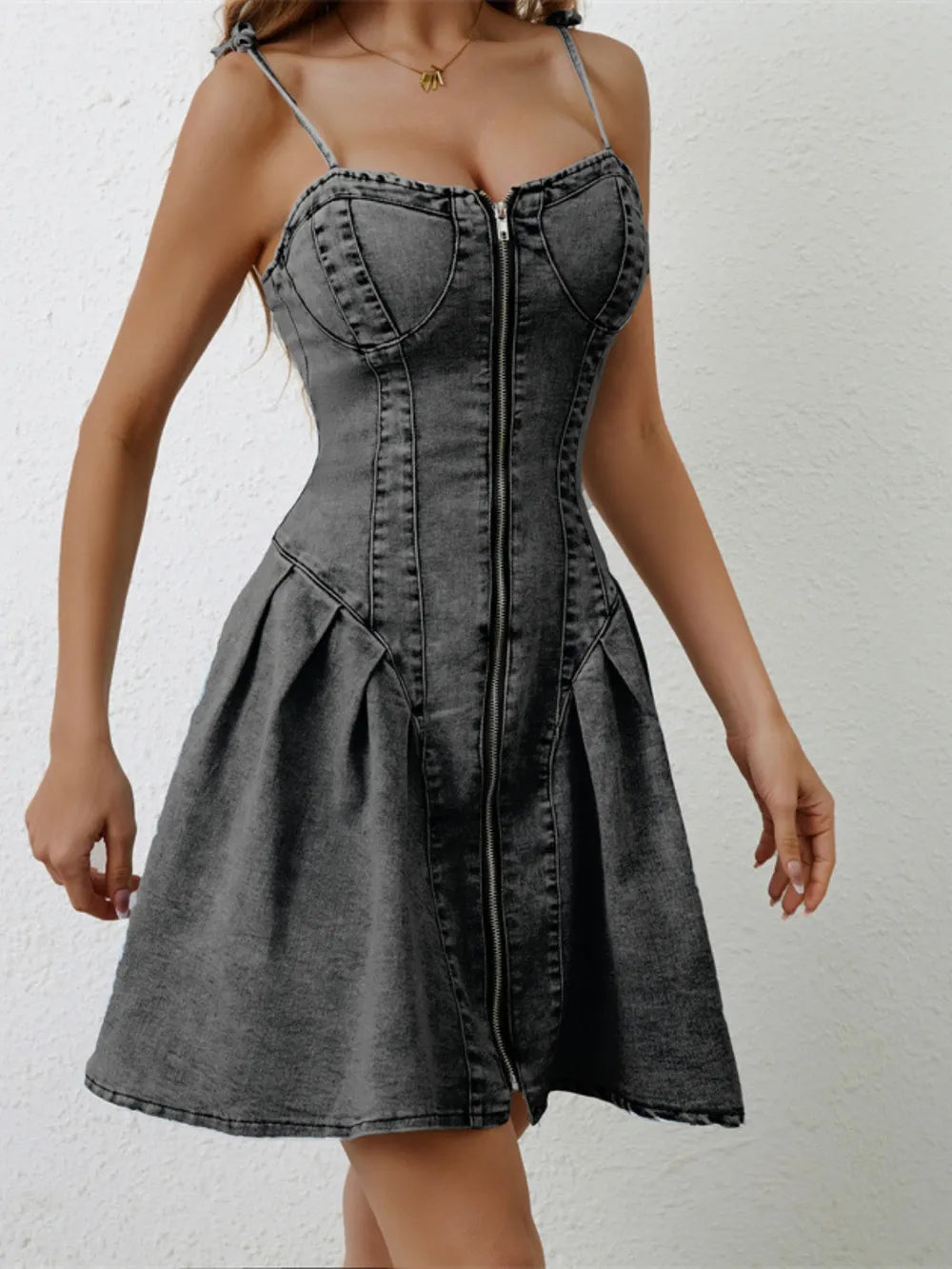 Ruched Zip Up Spaghetti Strap Denim Dress - LODIMAE FASHION