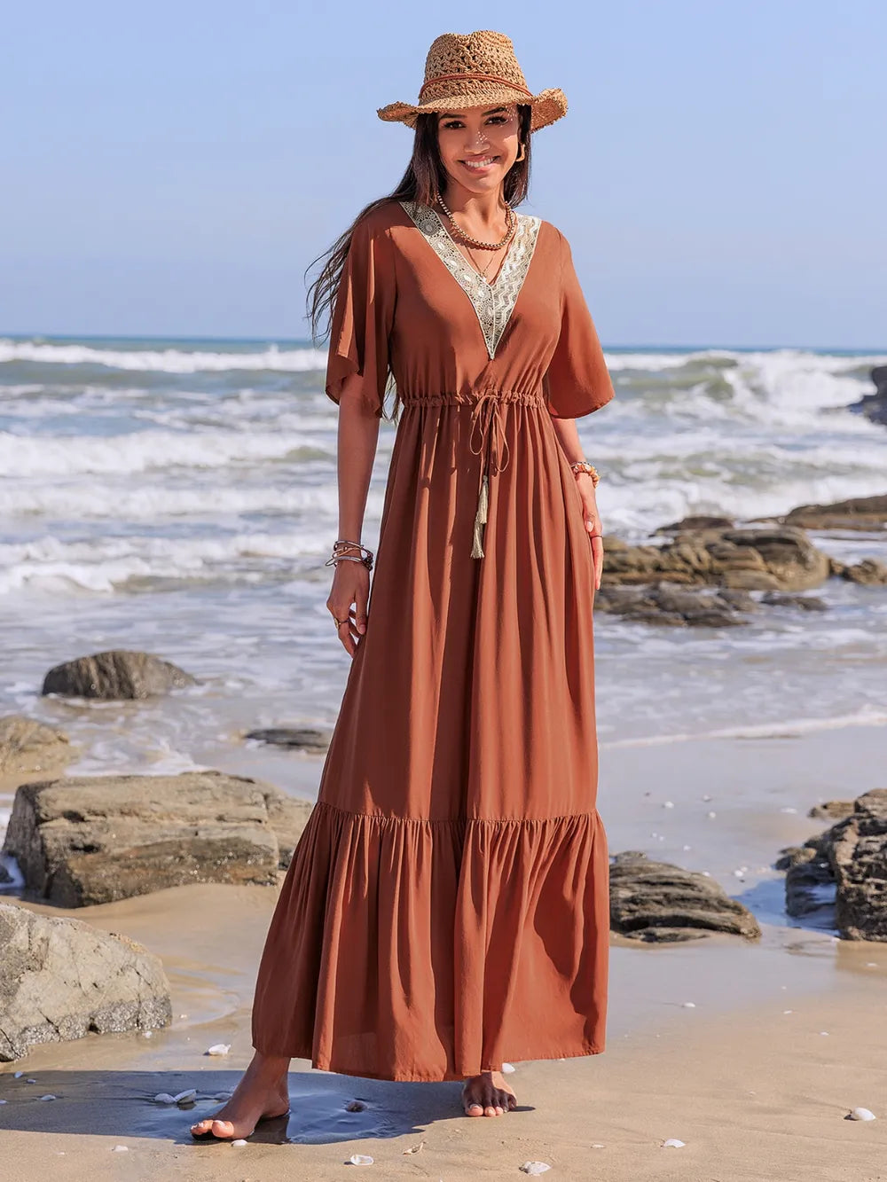 Ruffled Tassel V-Neck Flutter Sleeve Dress - LODIMAE FASHION