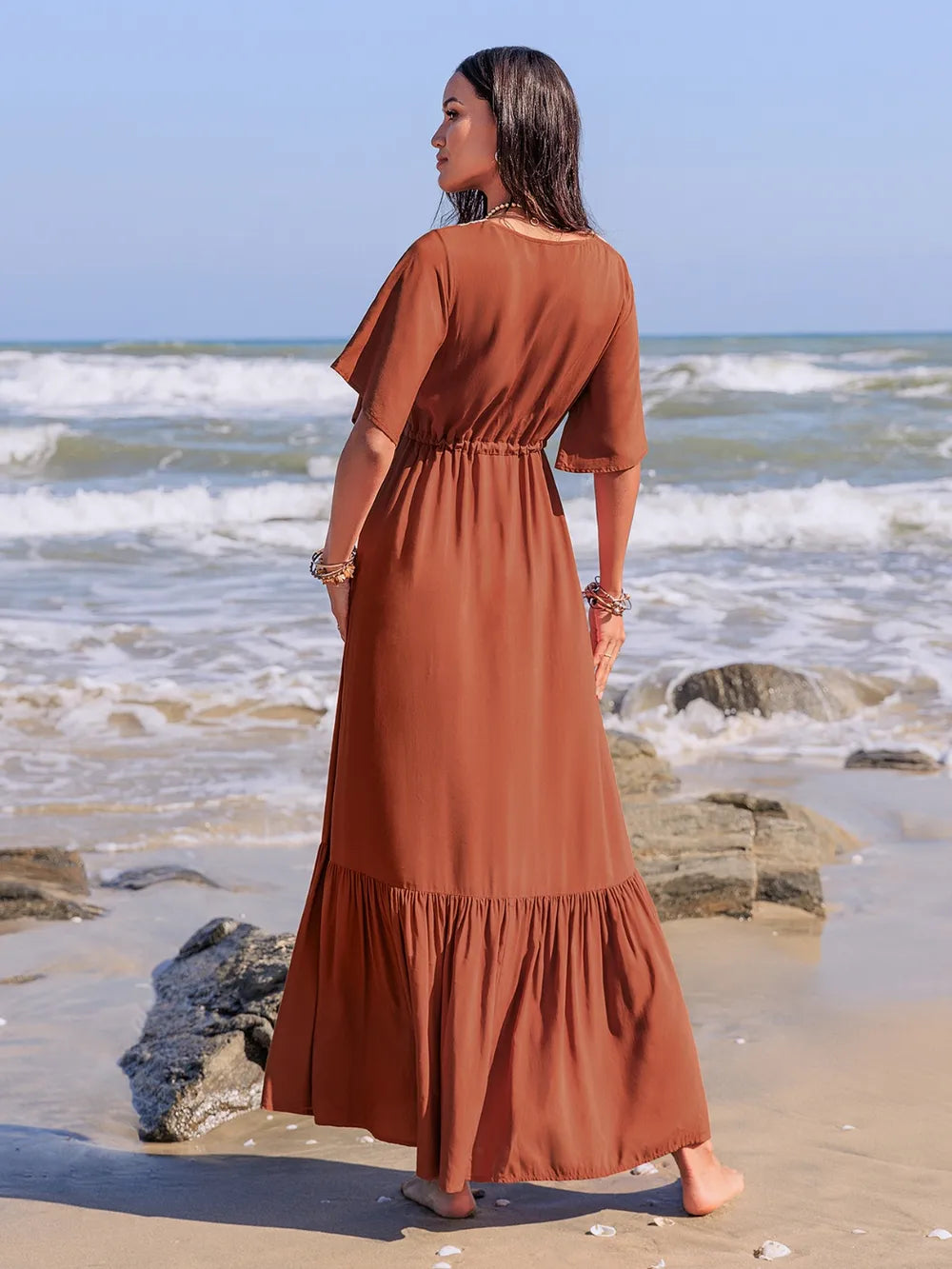Ruffled Tassel V-Neck Flutter Sleeve Dress - LODIMAE FASHION