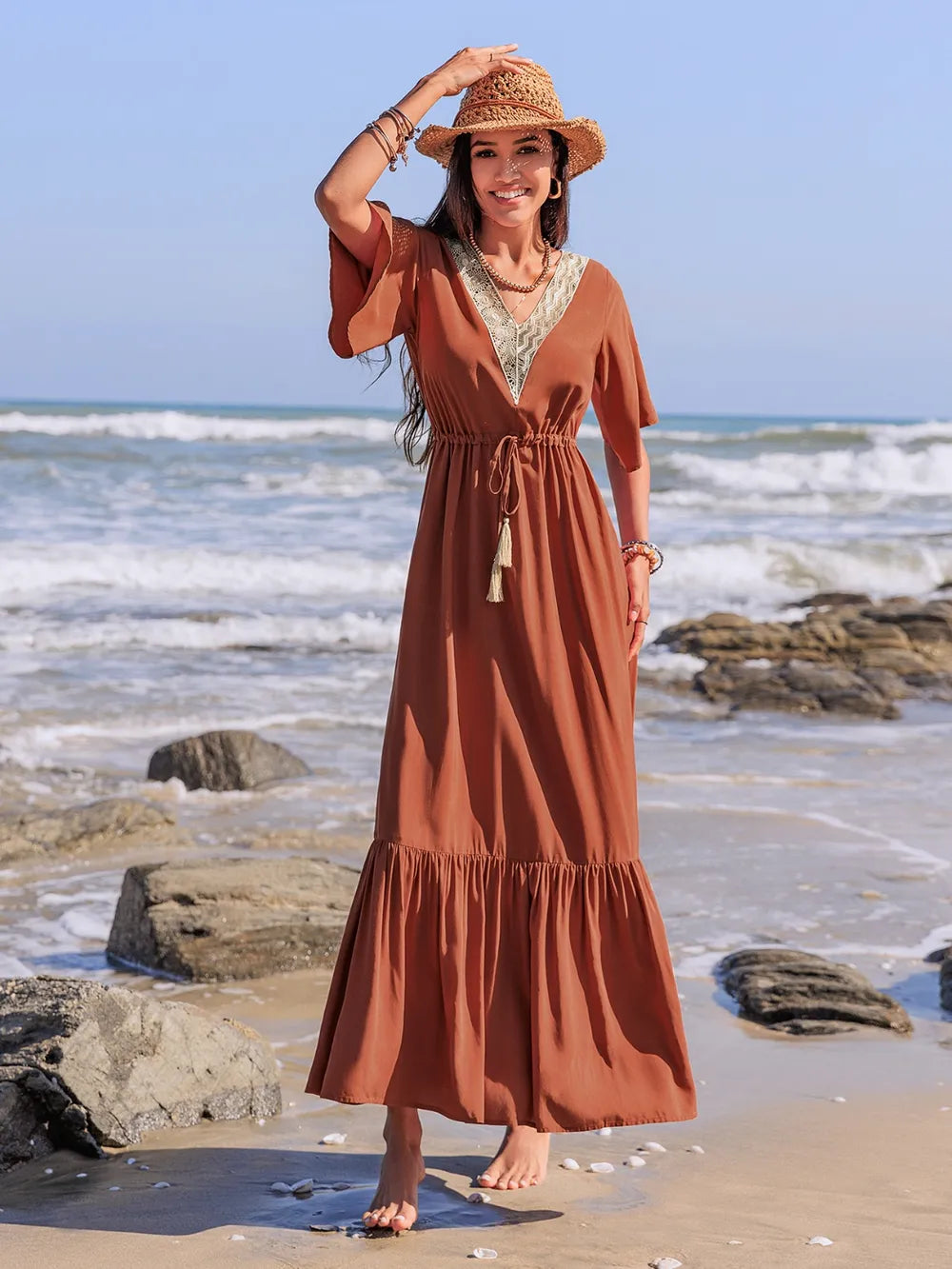 Ruffled Tassel V-Neck Flutter Sleeve Dress - LODIMAE FASHION