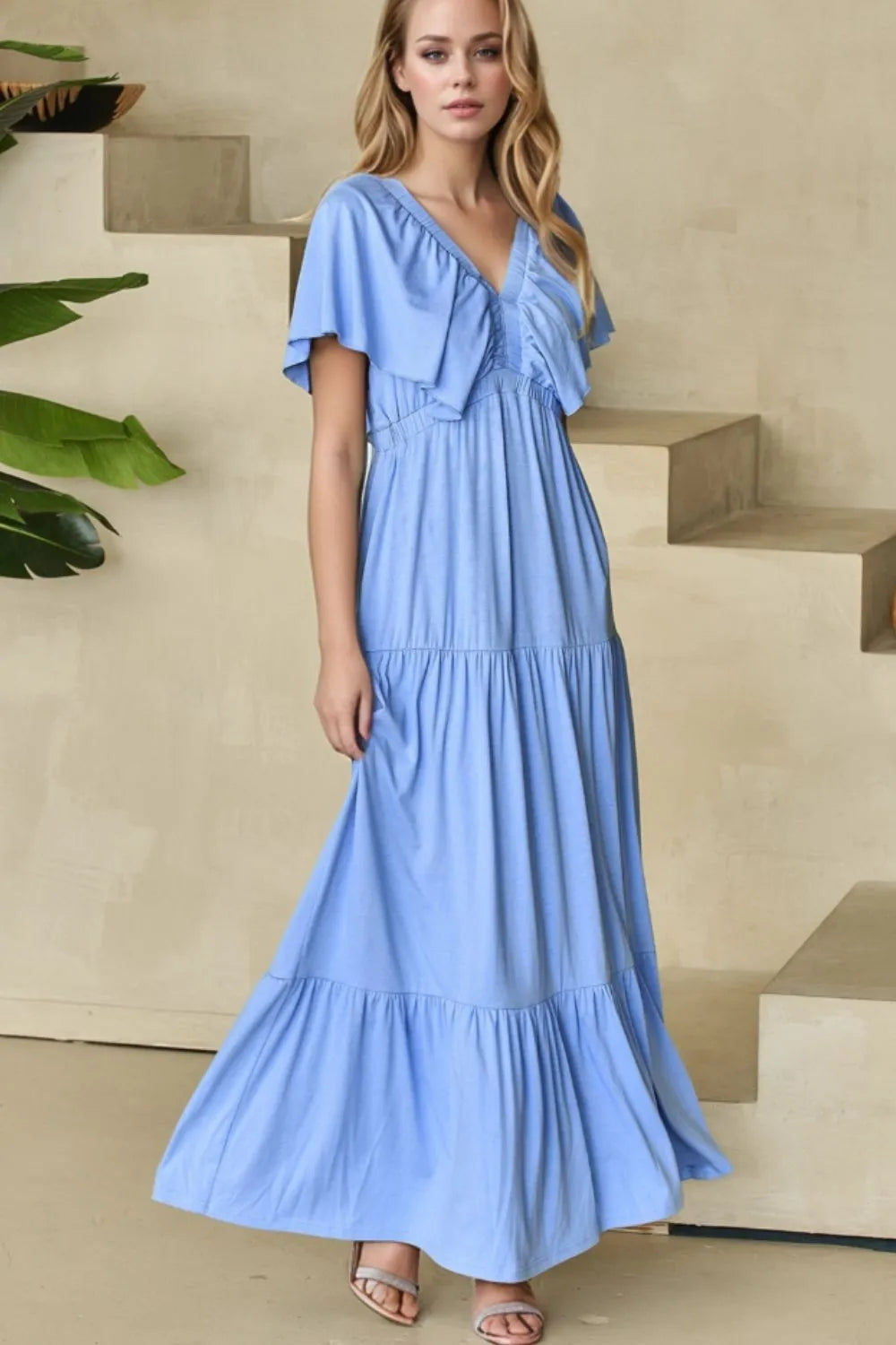 Ruffled V Neck Flutter Sleeve Maxi Dress - LODIMAE FASHION