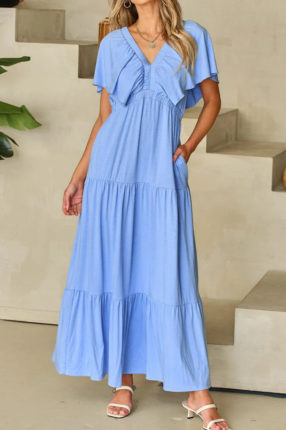 Ruffled V Neck Flutter Sleeve Maxi Dress - LODIMAE FASHION