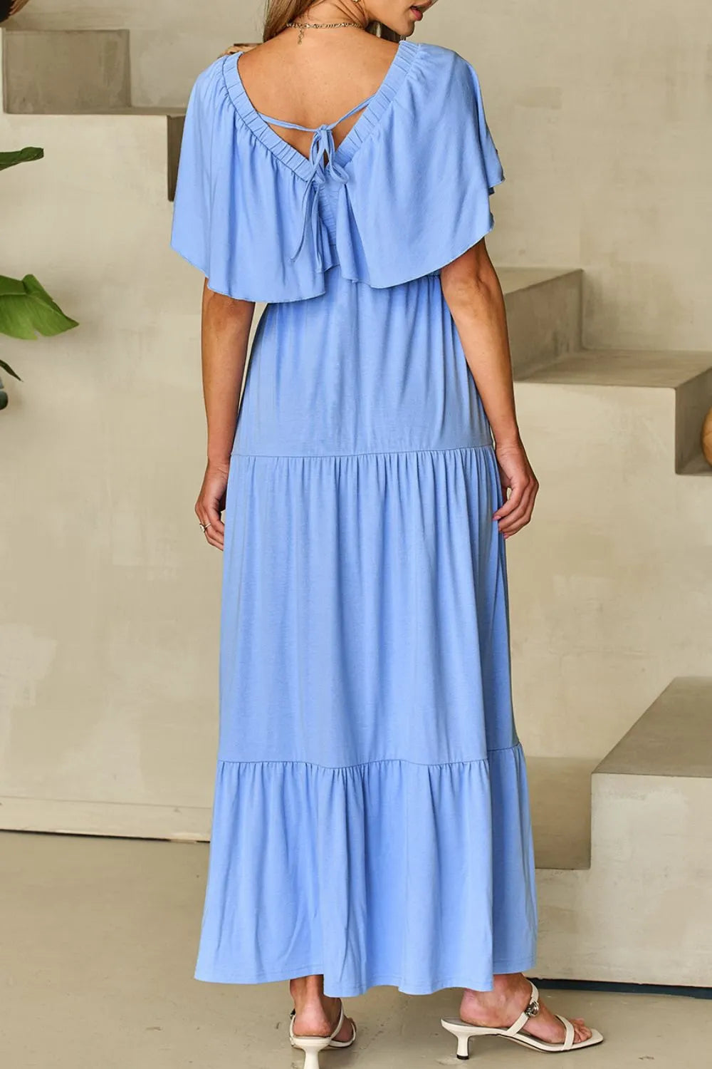 Ruffled V Neck Flutter Sleeve Maxi Dress - LODIMAE FASHION
