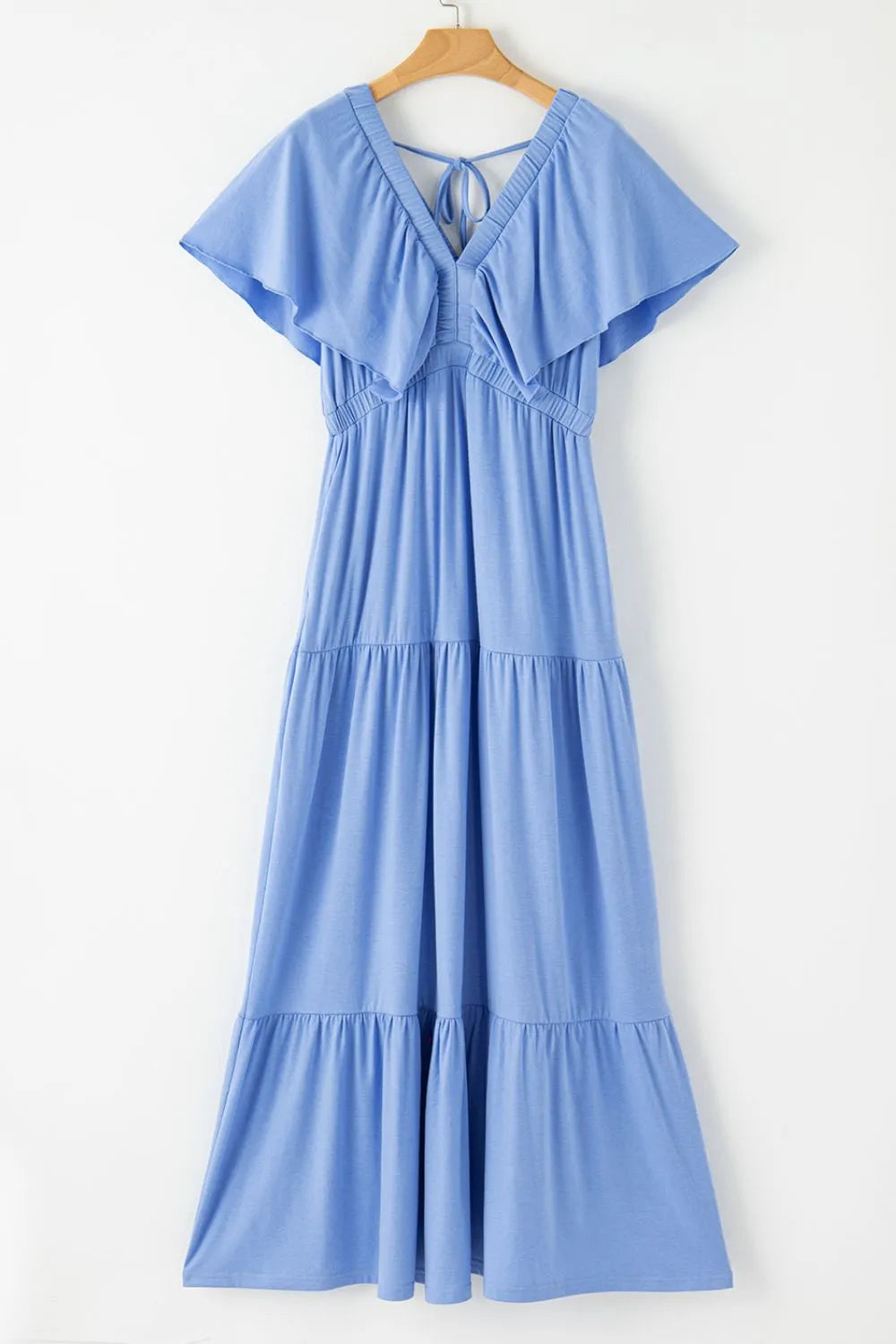 Ruffled V Neck Flutter Sleeve Maxi Dress - LODIMAE FASHION