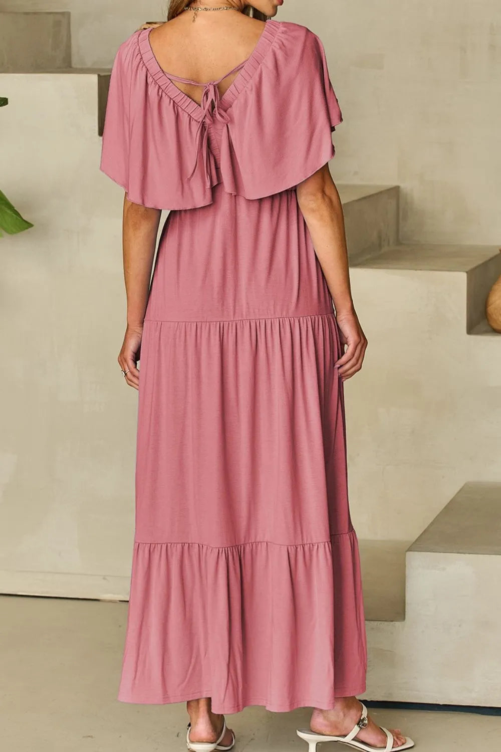Ruffled V Neck Flutter Sleeve Maxi Dress - LODIMAE FASHION