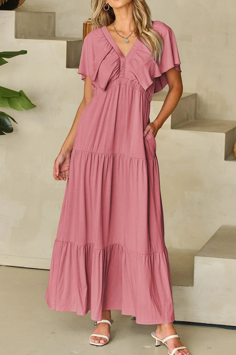 Ruffled V Neck Flutter Sleeve Maxi Dress - LODIMAE FASHION