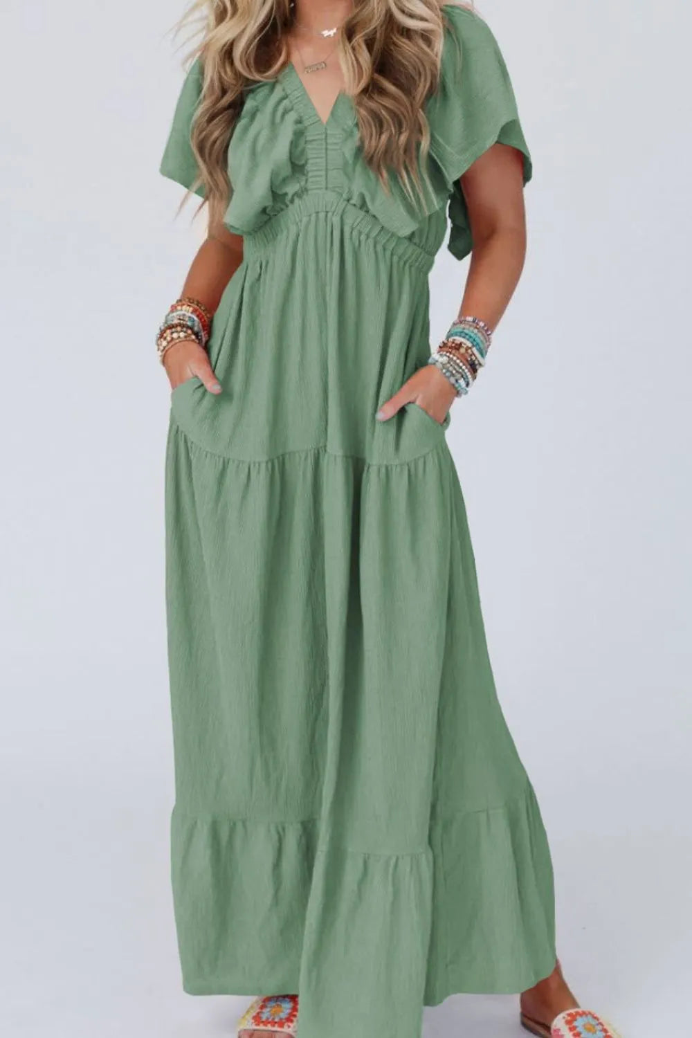 Ruffled V Neck Flutter Sleeve Maxi Dress - LODIMAE FASHION