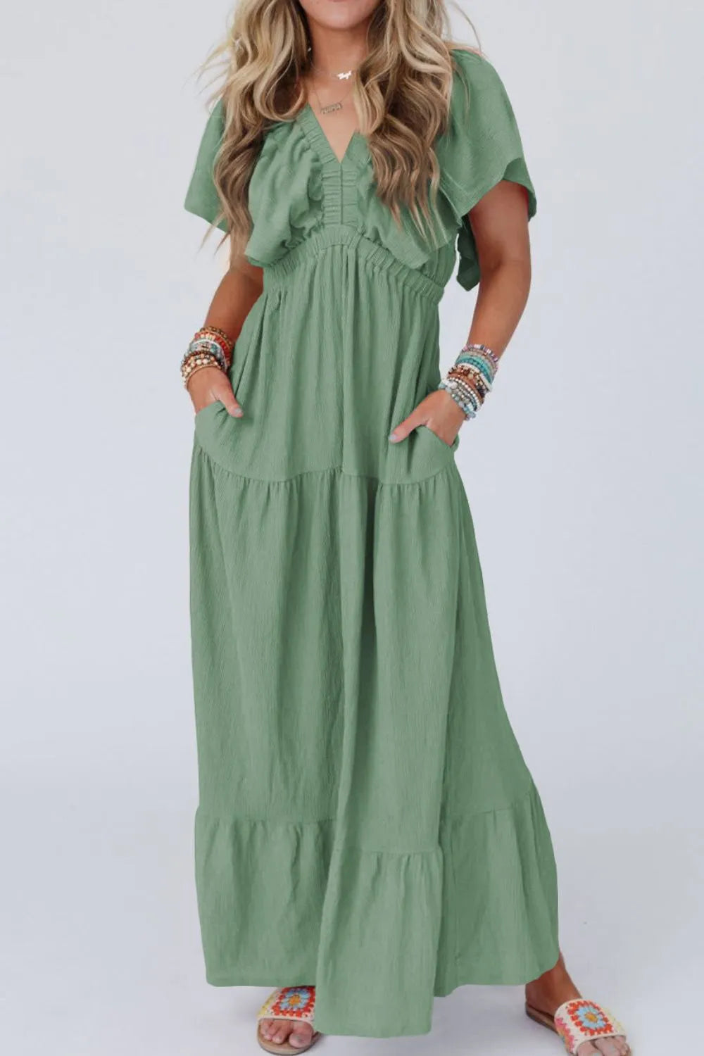 Ruffled V Neck Flutter Sleeve Maxi Dress - LODIMAE FASHION