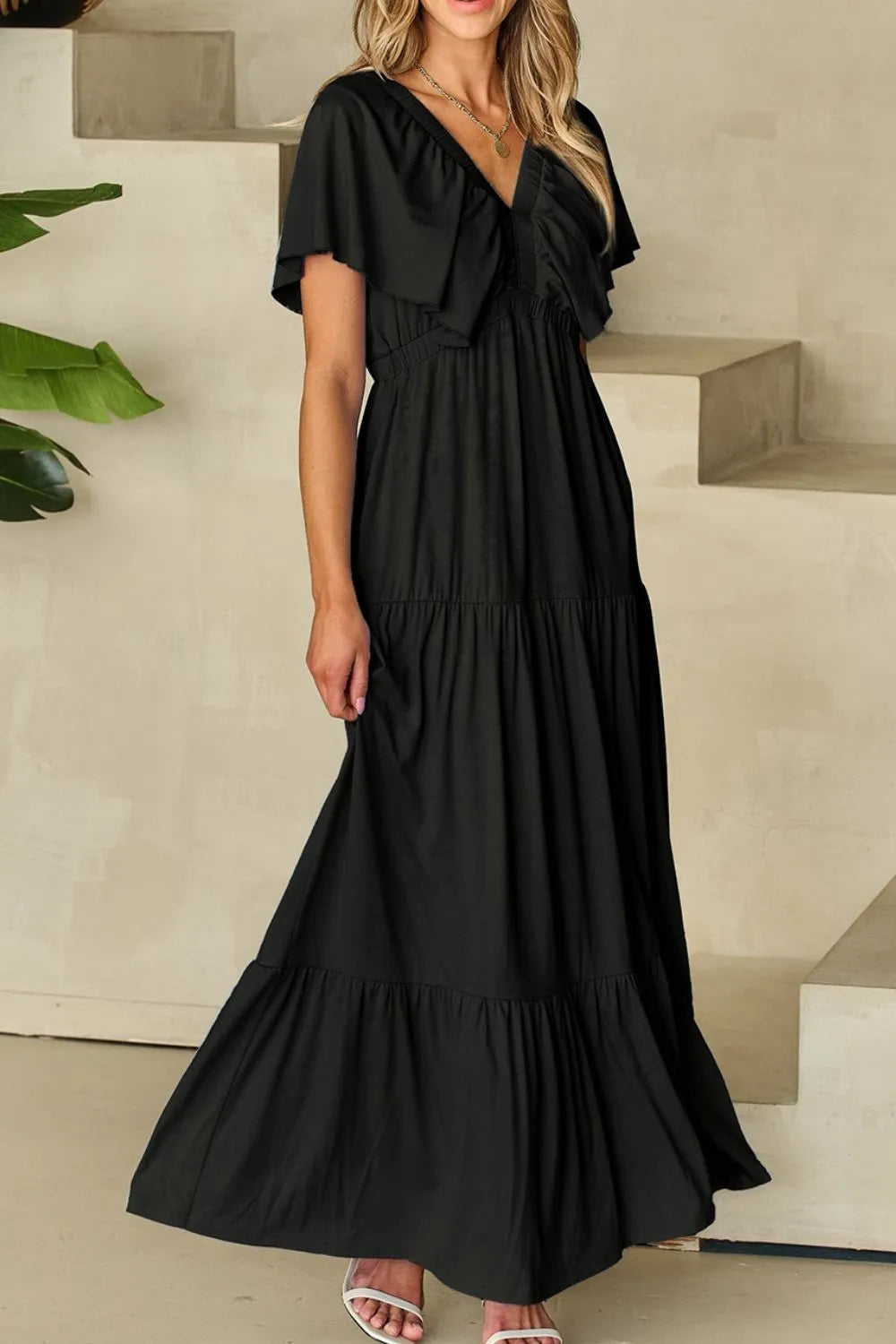 Ruffled V Neck Flutter Sleeve Maxi Dress - LODIMAE FASHION