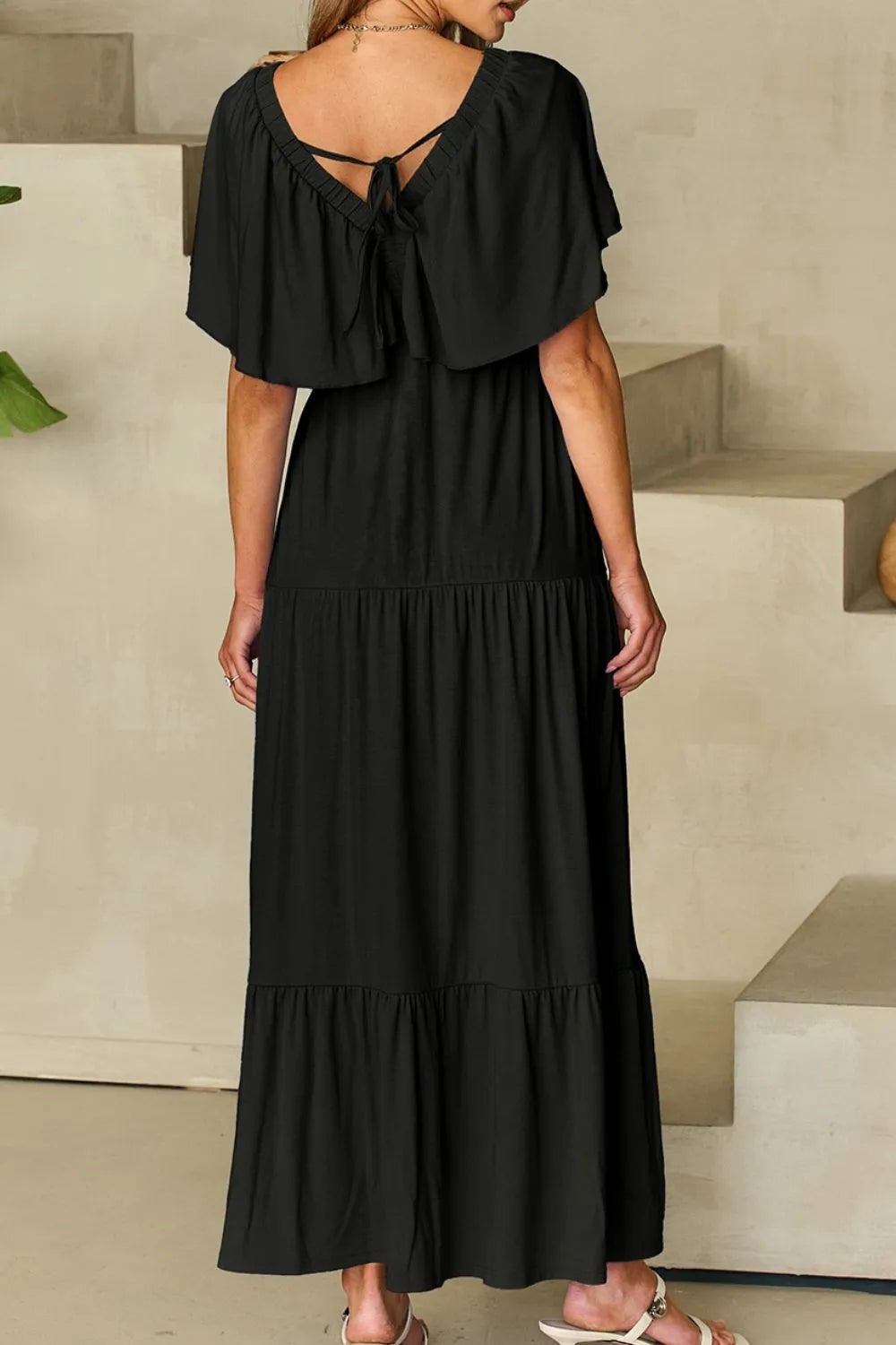 Ruffled V Neck Flutter Sleeve Maxi Dress - LODIMAE FASHION