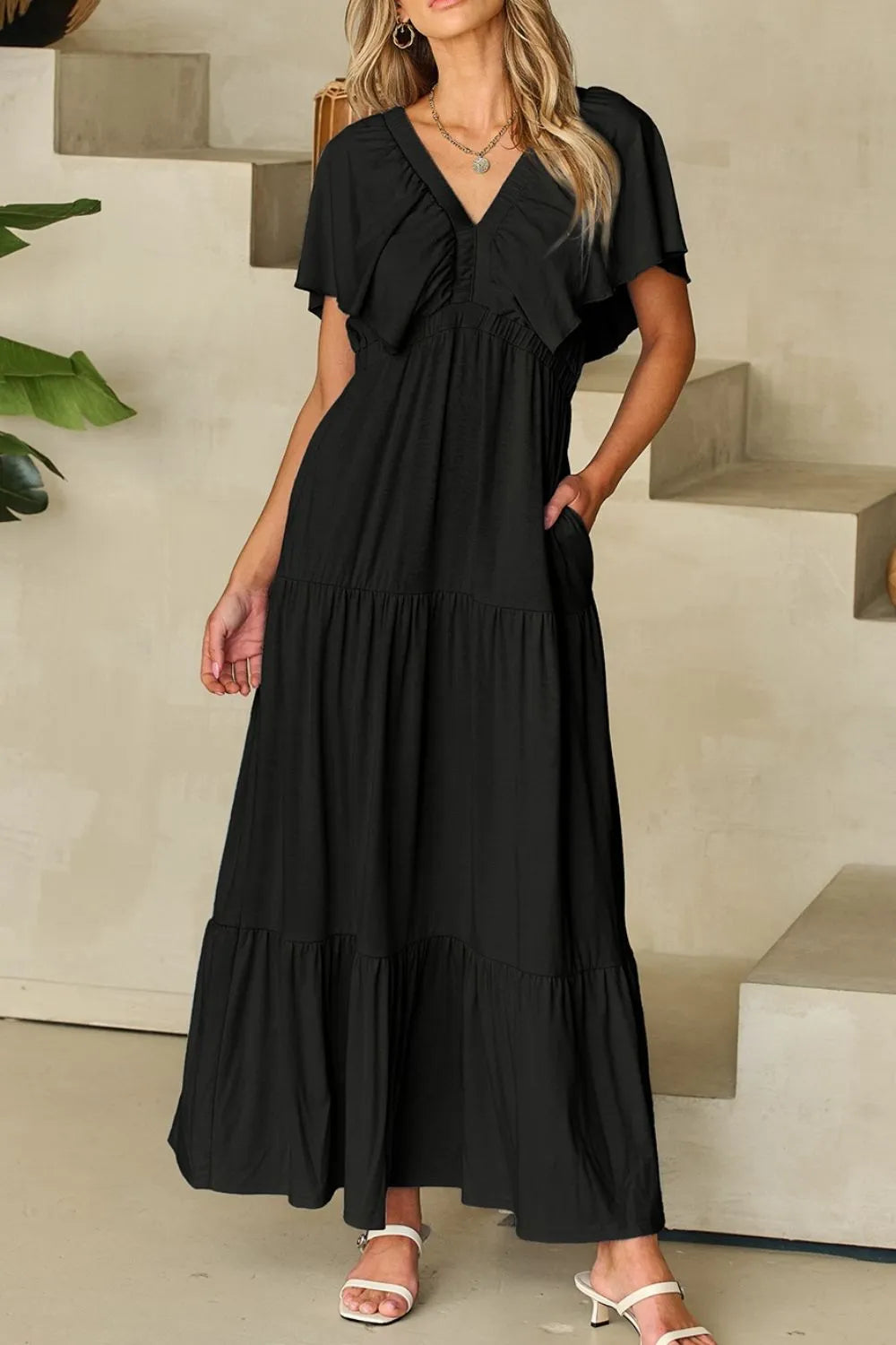 Ruffled V Neck Flutter Sleeve Maxi Dress - LODIMAE FASHION