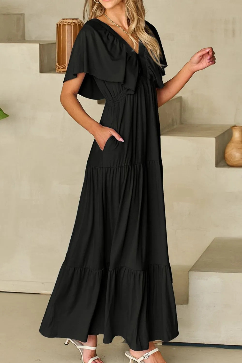 Ruffled V Neck Flutter Sleeve Maxi Dress - LODIMAE FASHION