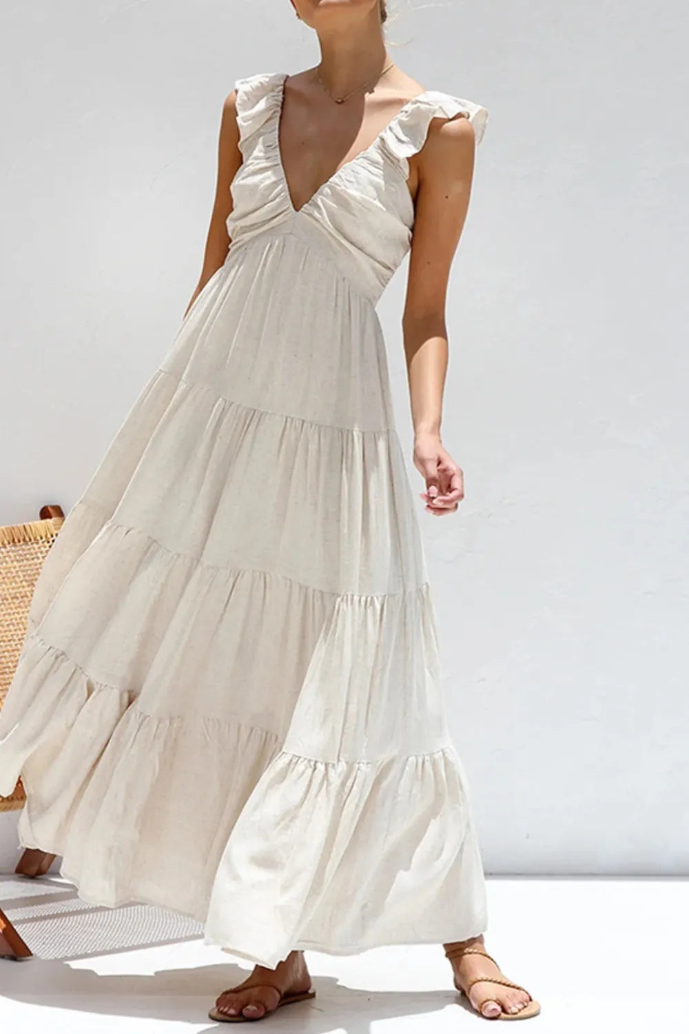 Ruffled V-Neck Tiered Dress - LODIMAE FASHION