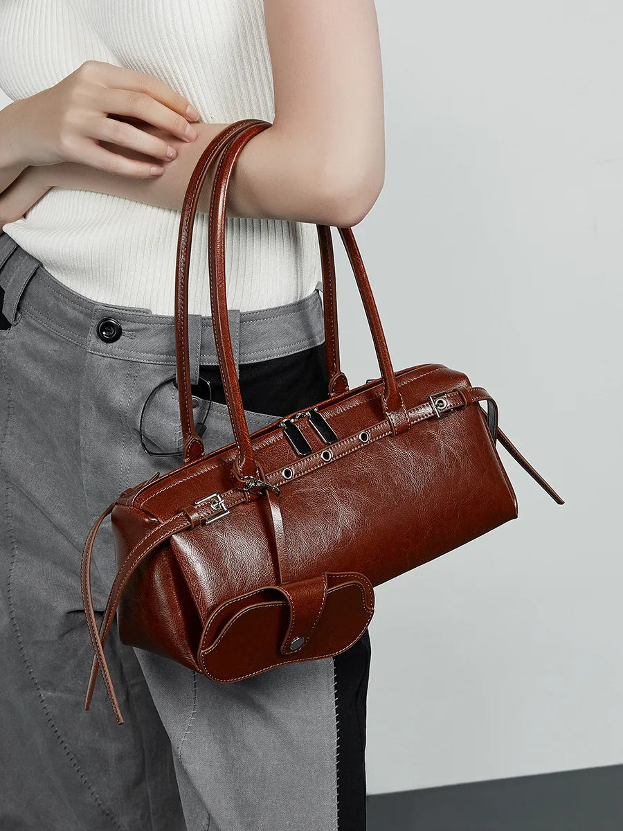 Genuine Leather Baguette Shoulder Bag - Cowhide Handbag for Women - LODIMAE FASHION
