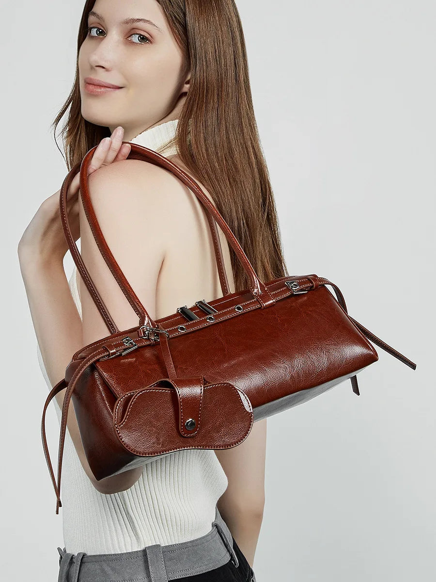 Genuine Leather Baguette Shoulder Bag - Cowhide Handbag for Women - LODIMAE FASHION