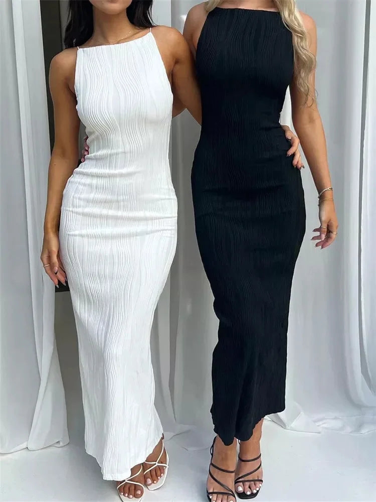 Sexy Women Long Dress Ruched Sleeveless Slim Solid Summer Party Back Split Dress Clubwear Female Vestido Outfits - LODIMAE FASHION