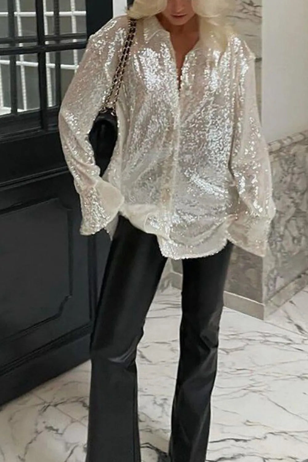 Sequin Button Up Long Sleeve Shirt - LODIMAE FASHION
