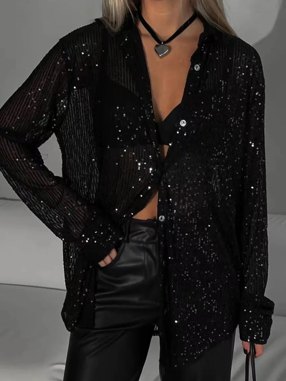 Sequin Button Up Long Sleeve Shirt - LODIMAE FASHION