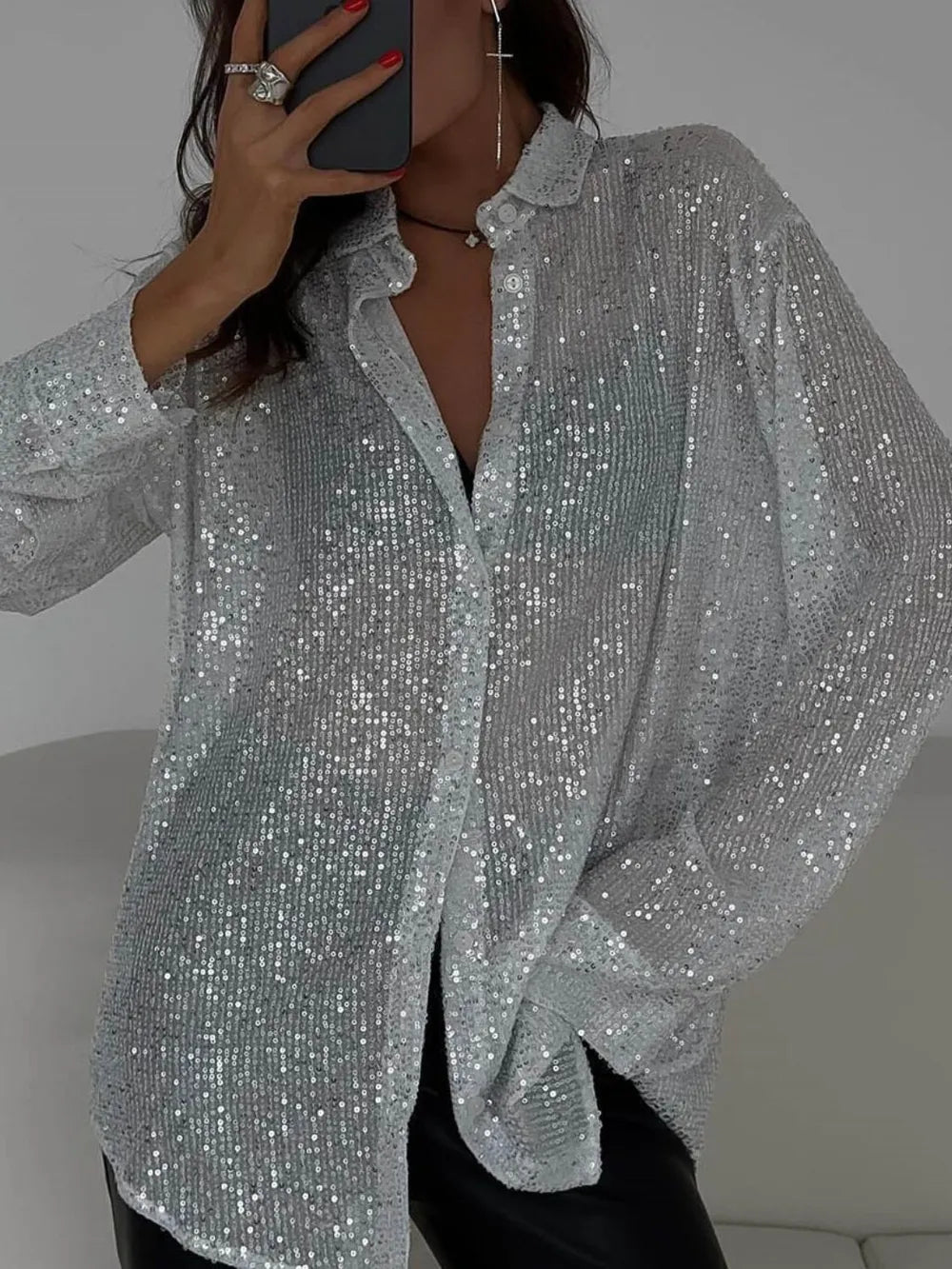 Sequin Button Up Long Sleeve Shirt - LODIMAE FASHION