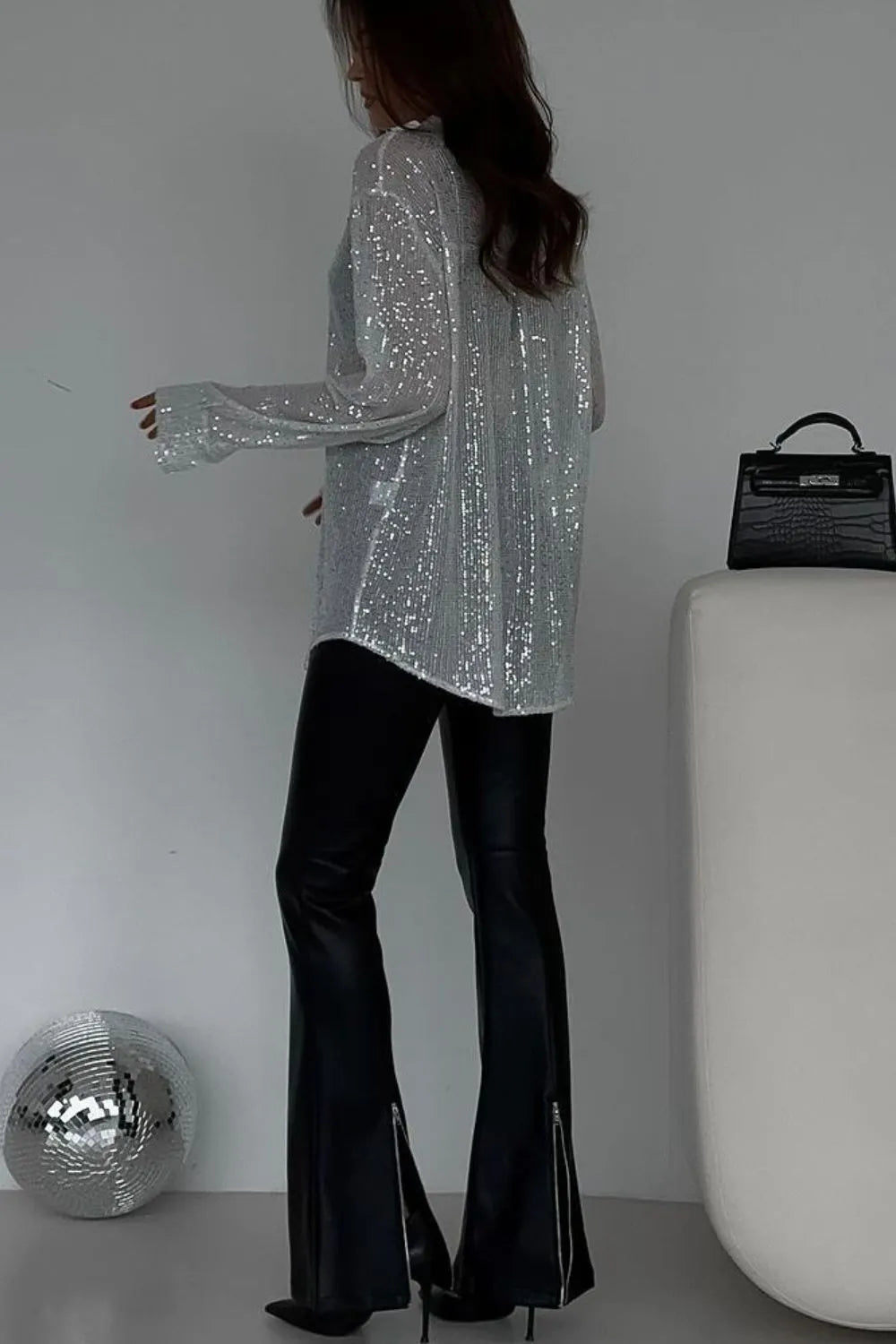 Sequin Button Up Long Sleeve Shirt - LODIMAE FASHION