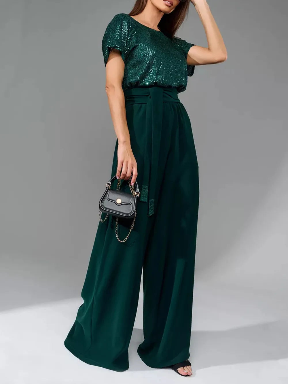 Sequin Round Neck Wide Leg Jumpsuit - LODIMAE FASHION