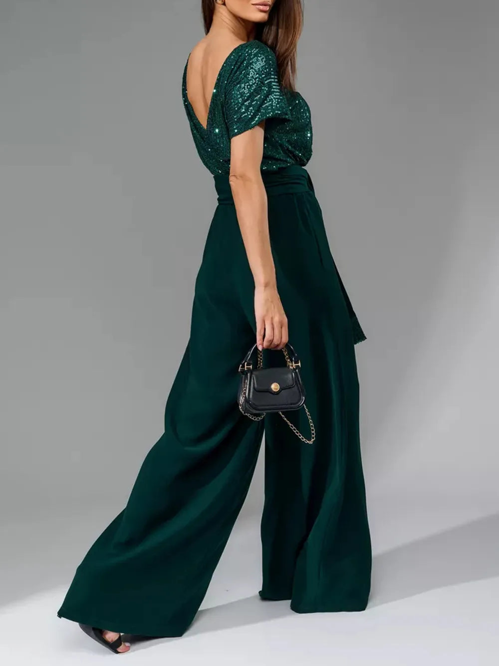 Sequin Round Neck Wide Leg Jumpsuit - LODIMAE FASHION