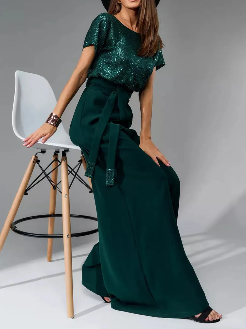 Sequin Round Neck Wide Leg Jumpsuit - LODIMAE FASHION