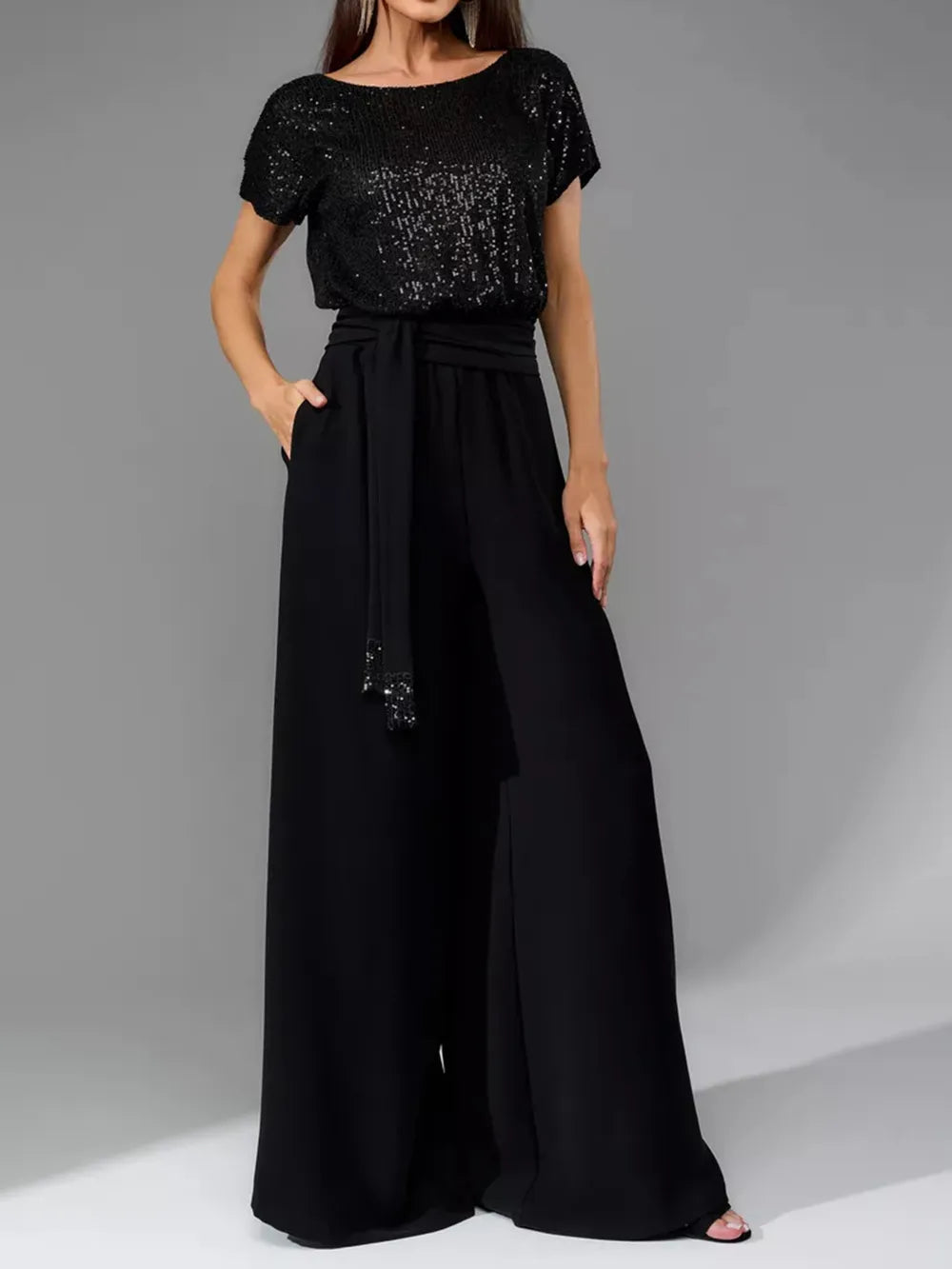 Sequin Round Neck Wide Leg Jumpsuit - LODIMAE FASHION