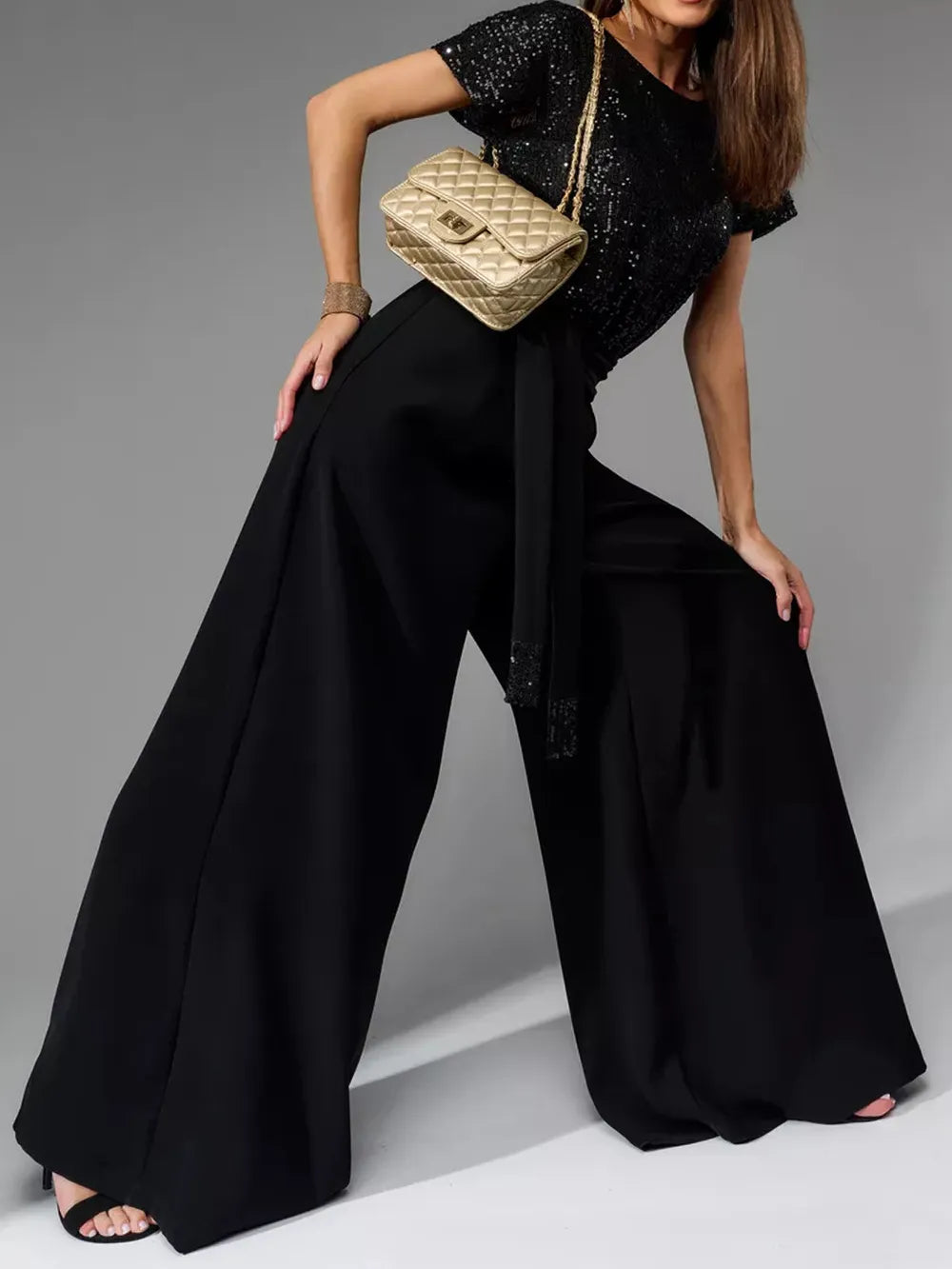 Sequin Round Neck Wide Leg Jumpsuit - LODIMAE FASHION