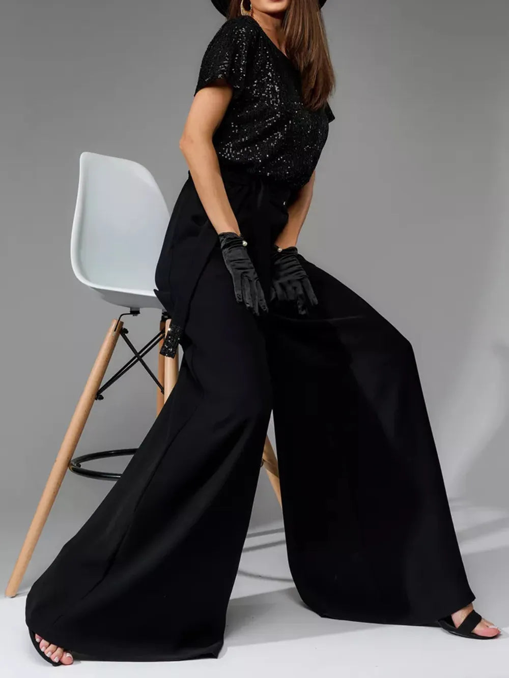 Sequin Round Neck Wide Leg Jumpsuit - LODIMAE FASHION