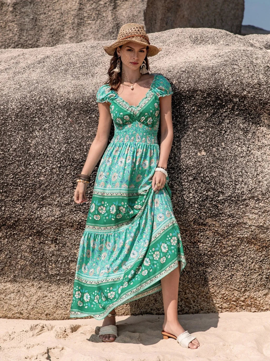 Smocked Printed V-Neck Dress - LODIMAE FASHION