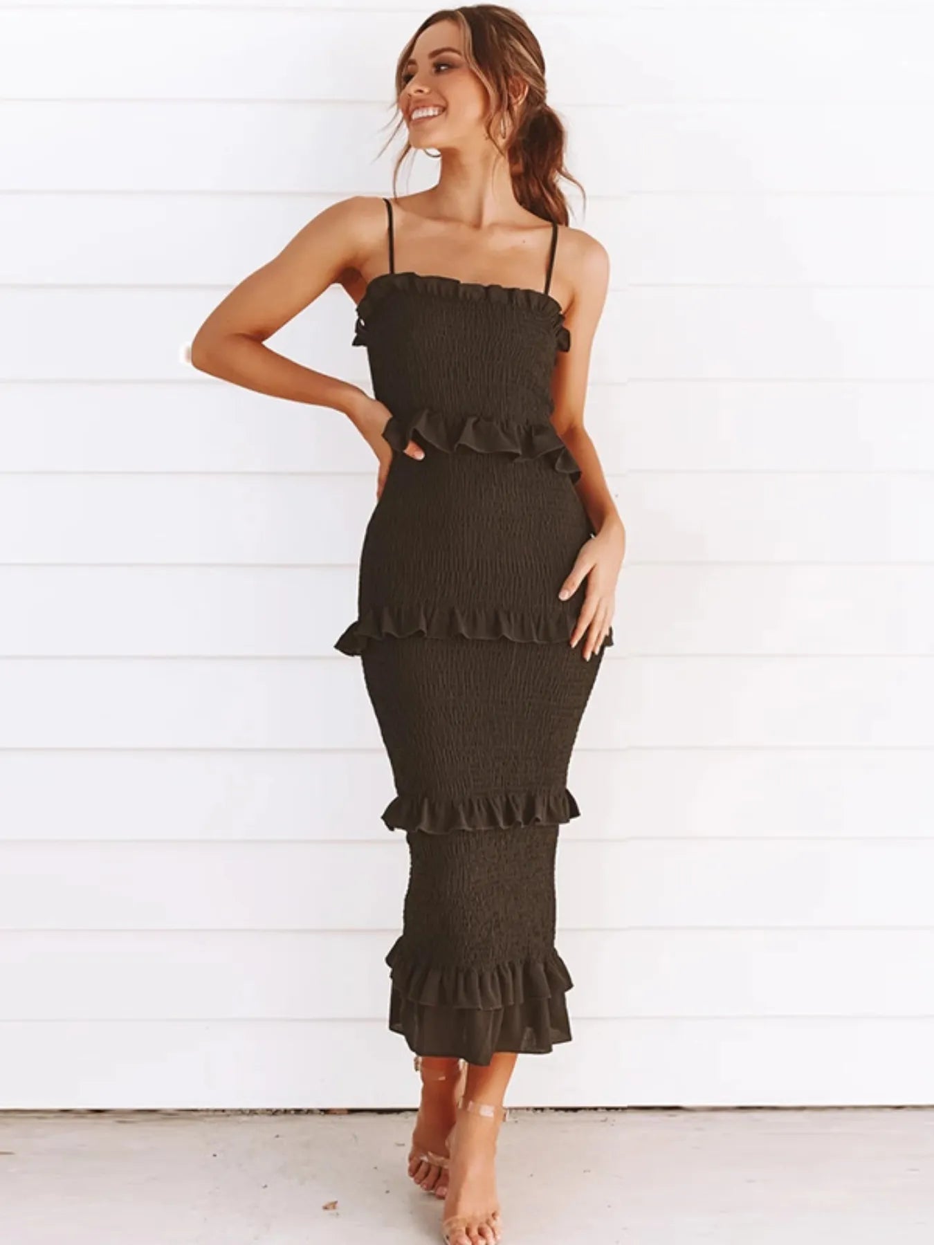 Smocked Ruffled Midi Cami Dress - LODIMAE FASHION