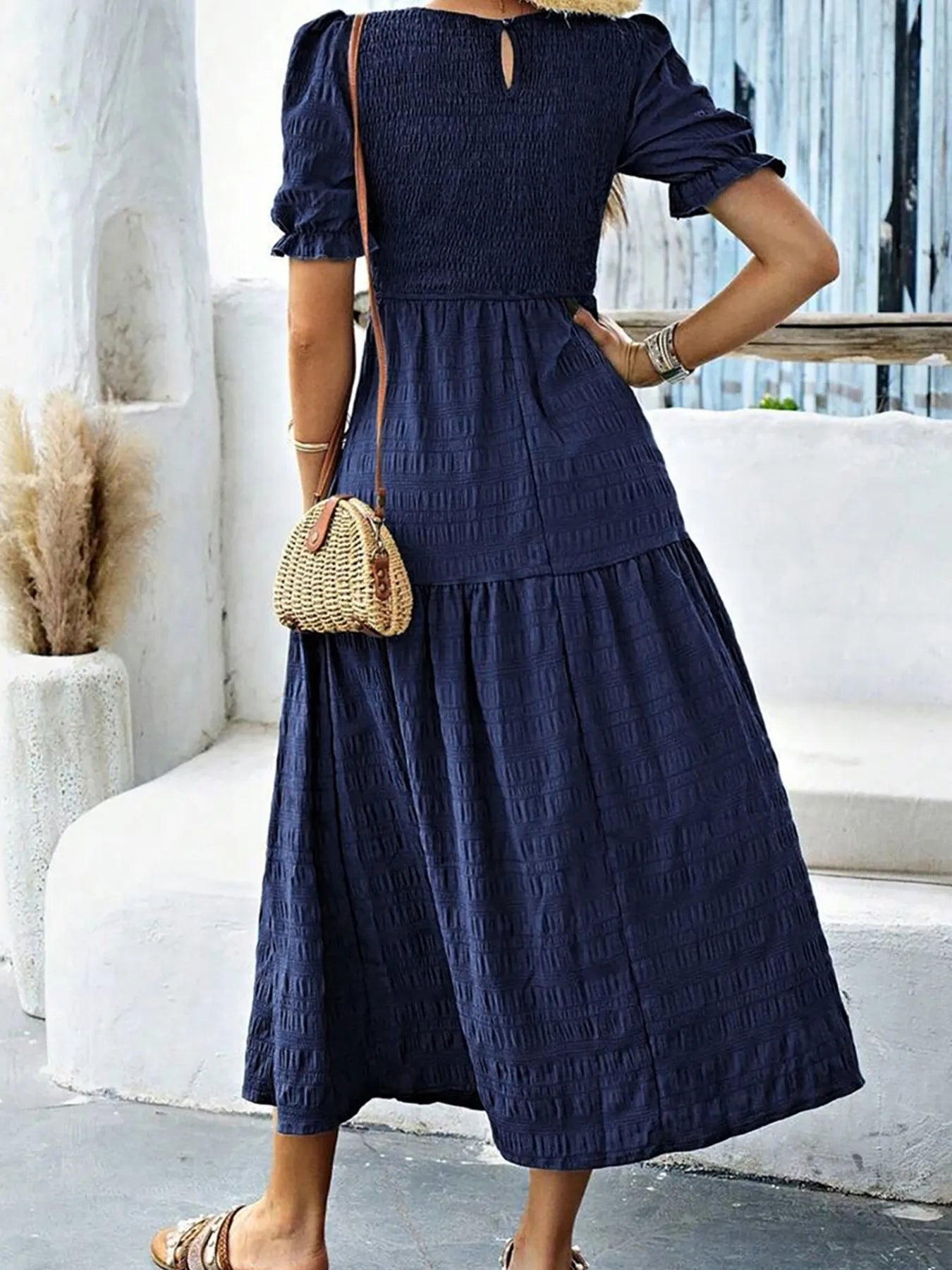Smocked Short Sleeve Midi Dress - LODIMAE FASHION