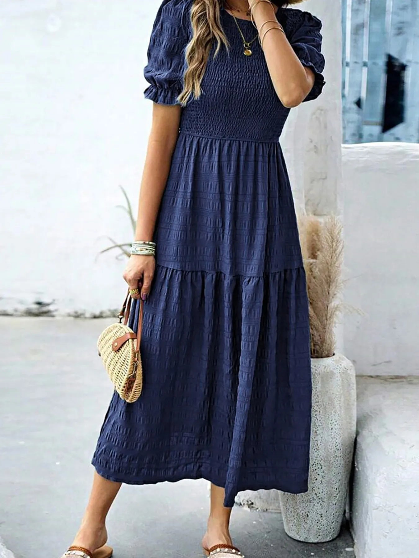 Smocked Short Sleeve Midi Dress - LODIMAE FASHION