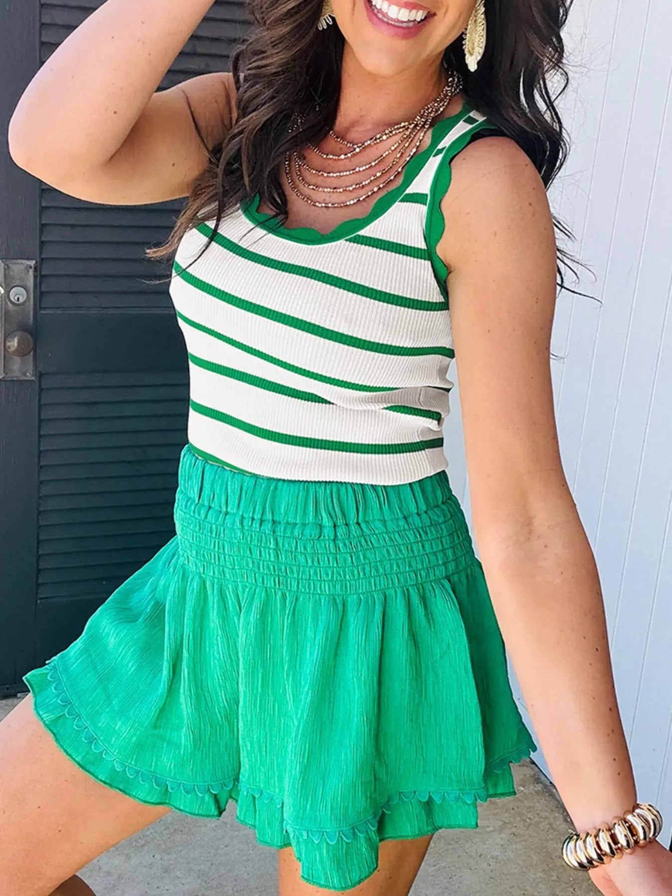 Stripe Scalloped Edge Crew Neck Knit Tank Top - LODIMAE FASHION