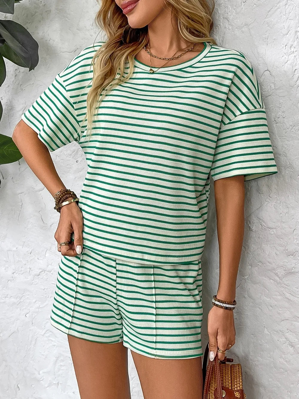 Striped Round Top and Shorts Set - LODIMAE FASHION