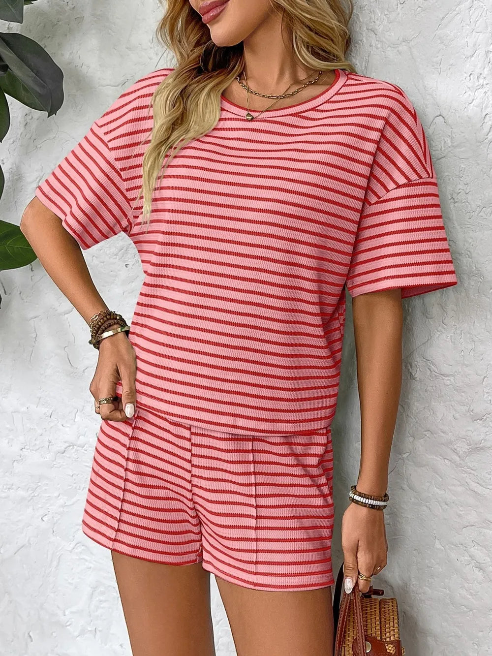 Striped Round Top and Shorts Set - LODIMAE FASHION
