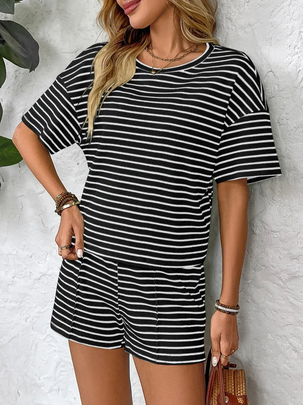 Striped Round Top and Shorts Set - LODIMAE FASHION