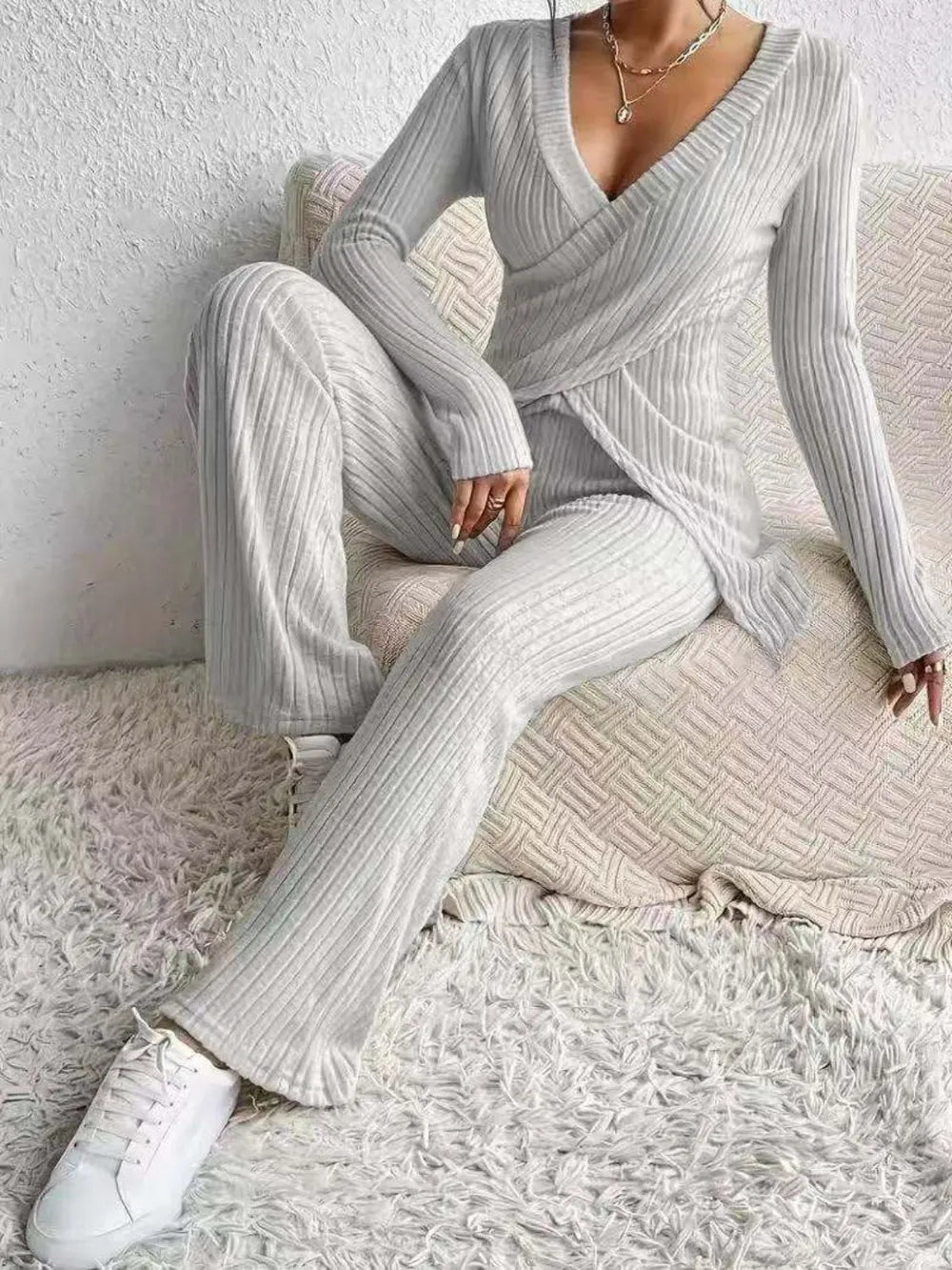 Surplice Long Sleeve Top and Pants Set - LODIMAE FASHION
