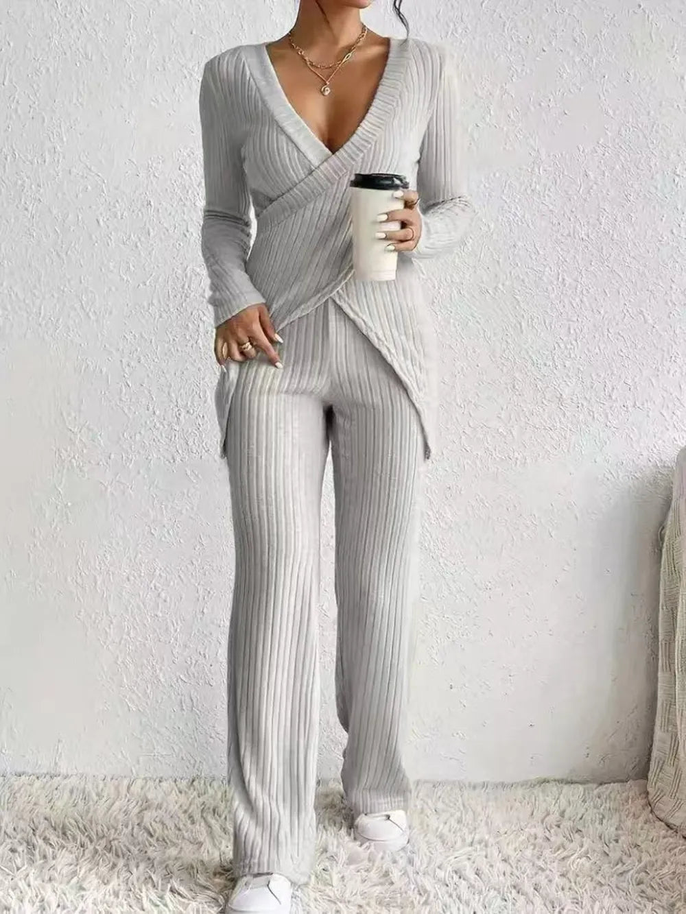 Surplice Long Sleeve Top and Pants Set - LODIMAE FASHION