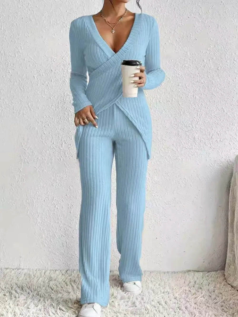 Surplice Long Sleeve Top and Pants Set - LODIMAE FASHION