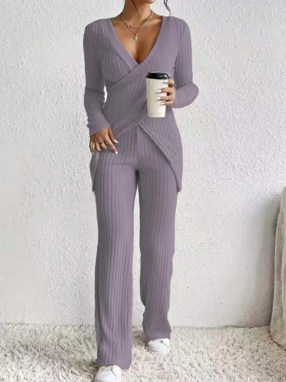 Surplice Long Sleeve Top and Pants Set - LODIMAE FASHION